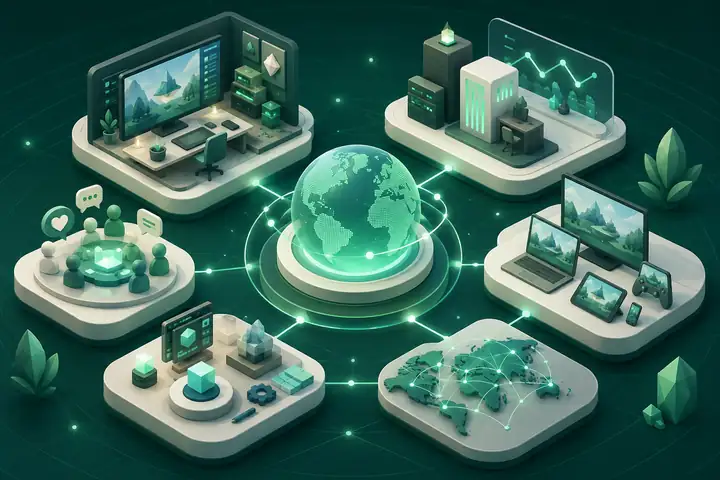 Ilustrasi ekosistem industri game yang menghubungkan studio, platform, dan komunitas global
