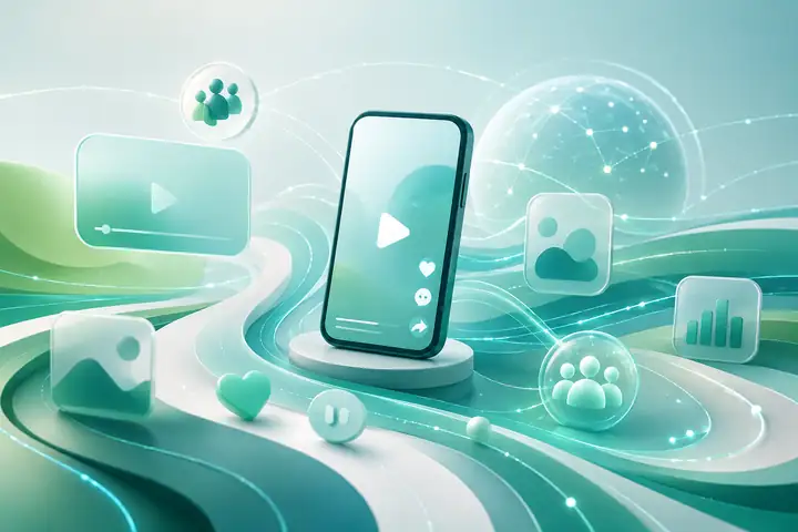 Ilustrasi tren digital dengan perangkat mobile, streaming, dan komunitas online